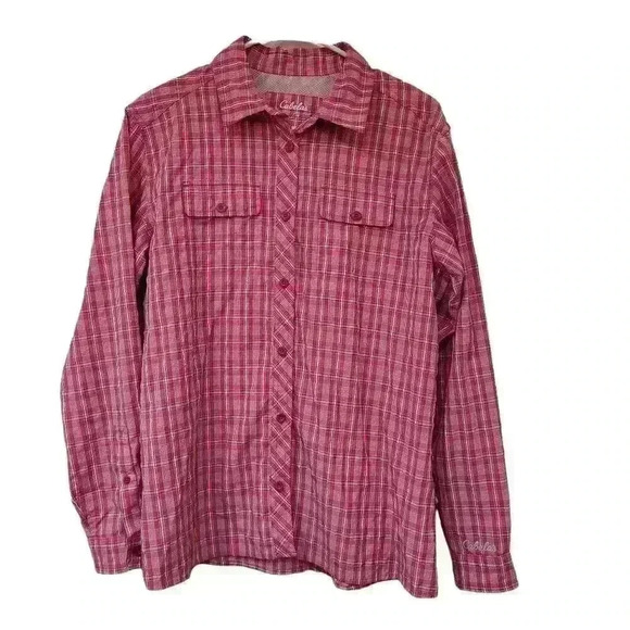 Cabela's Women's Pink Nylon/Poly Plaid Vented Fishing Outdoor Button Down Shirt - Picture 1 of 10
